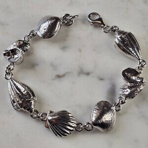 Womens Vintage Estate Sterling Silver Seashell Link Bracelet 25.9g E4576